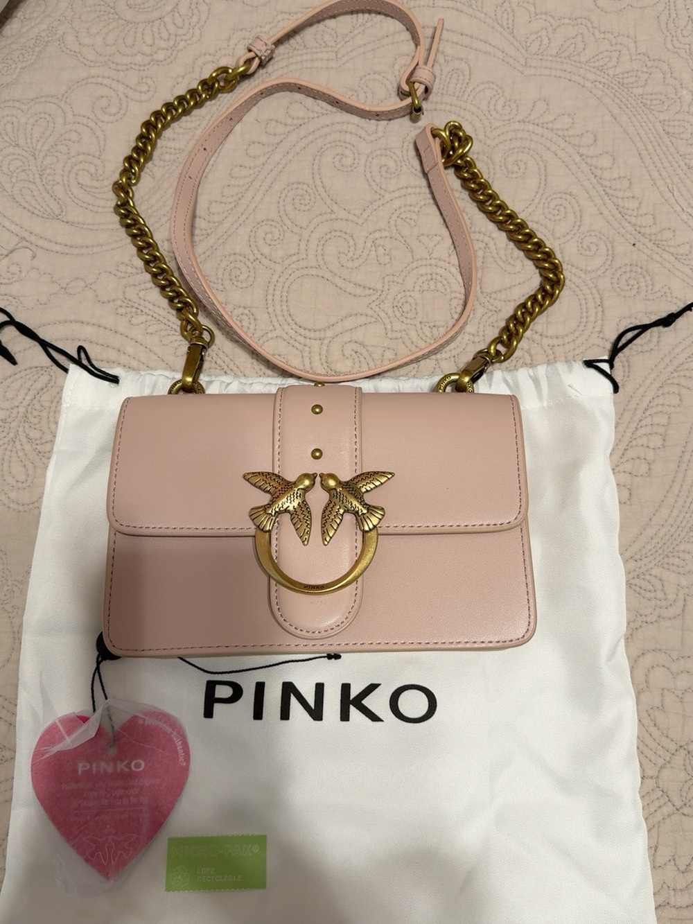 PINKO Love Mini Bag Blush Pink Leather Gold Chain Birds Crossbody
